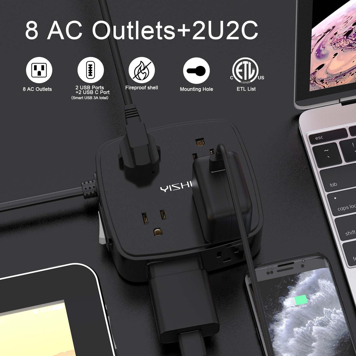 YISHU power strip highlighting four USB ports for convenient charging