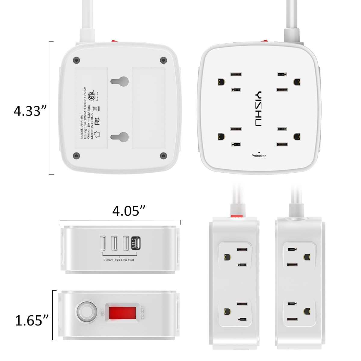 YISHU power strip designed for wall mounting and desk use