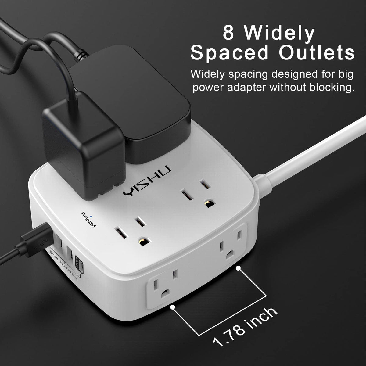 YISHU unit with generous spacing between outlets for bulky adapters