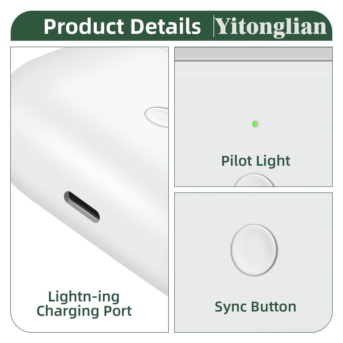 Yitonglian AirPods Pro case white top view highlights compact charging solution.