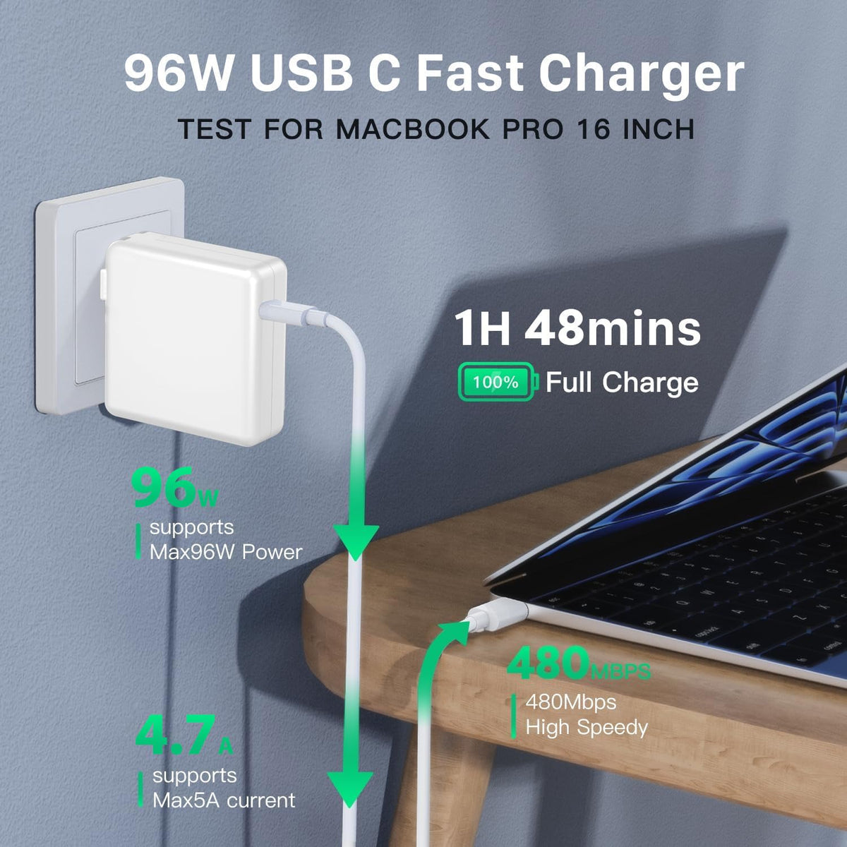 YKEJCLD 96W charger with cable for MacBook Air 13-inch setup