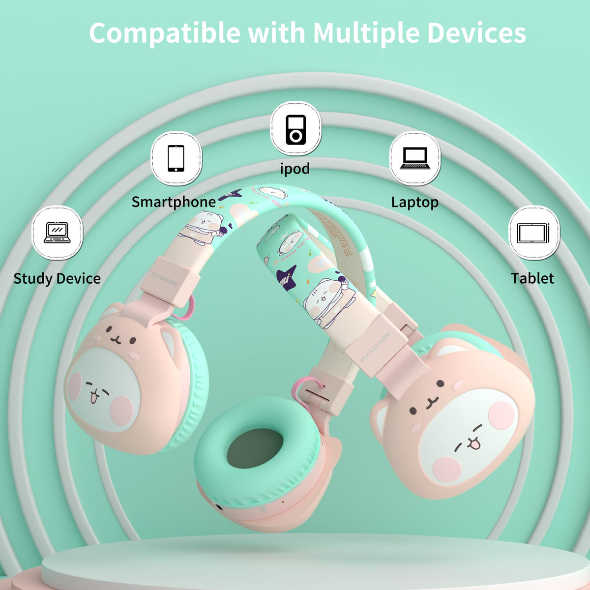YLFASHION Icarer kids headphones feature a cute animal design appealing to kids.