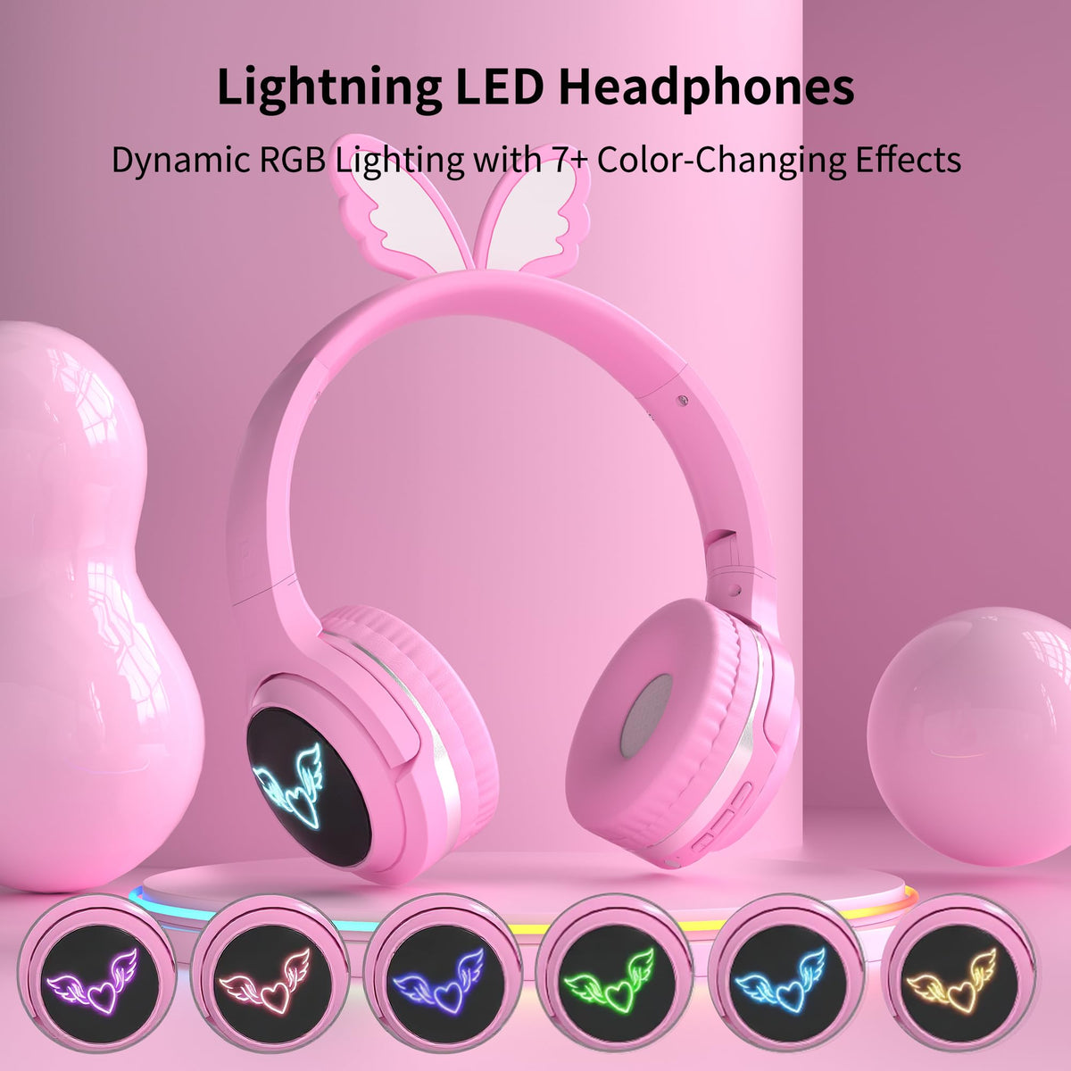 YLFASHION kids wireless headphones with seven color RGB lights for playful moments