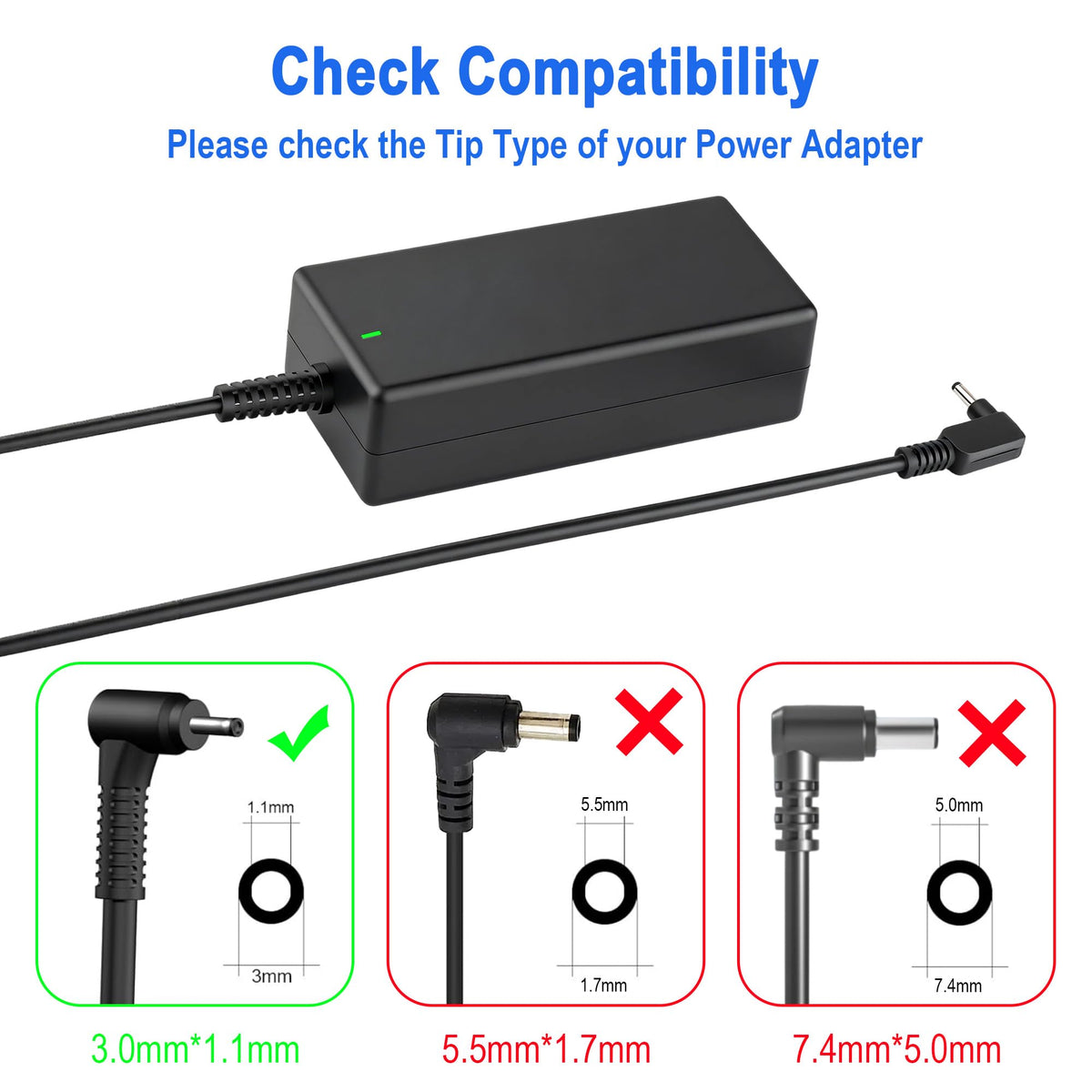 YLJIITTNK 65W charger DC connector close-up 3.0x1.1mm tip