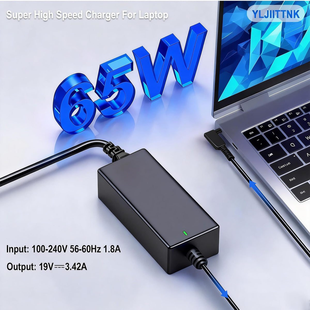 YLJIITTNK 65W charger side view shows slim profile for daily use