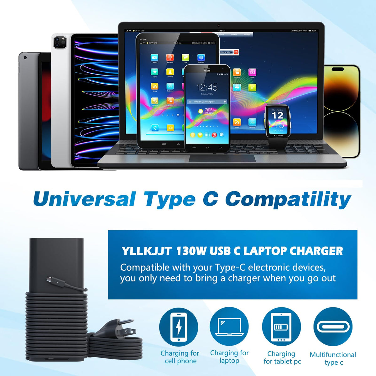 YLLKJJT 130W USB-C charger with 11ft power cable included