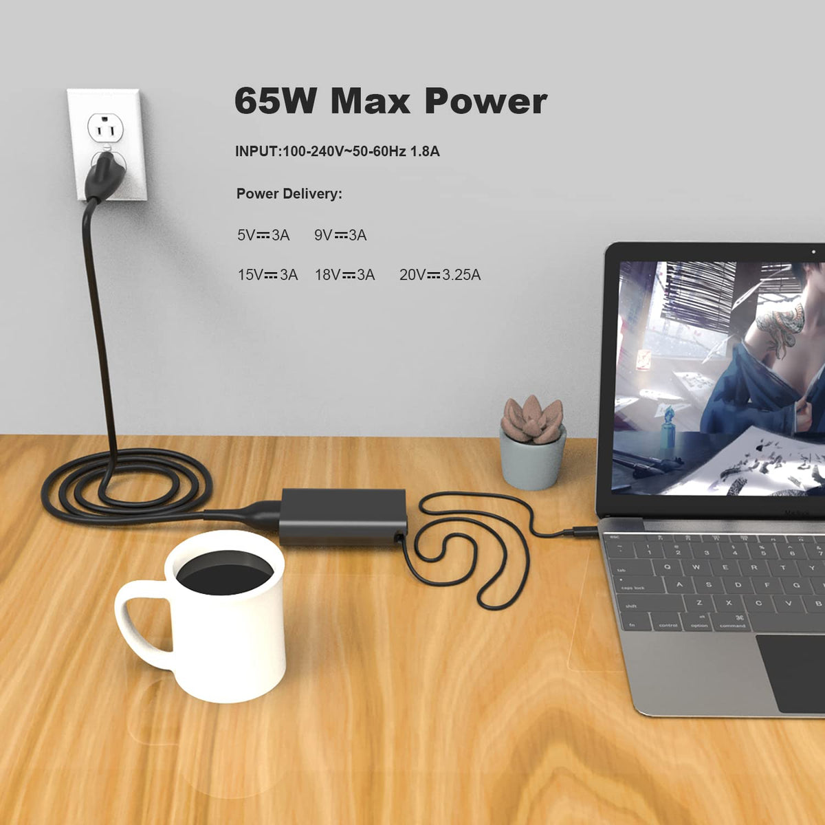 YLLKJJT 65W USB-C charger with cable neatly coiled.