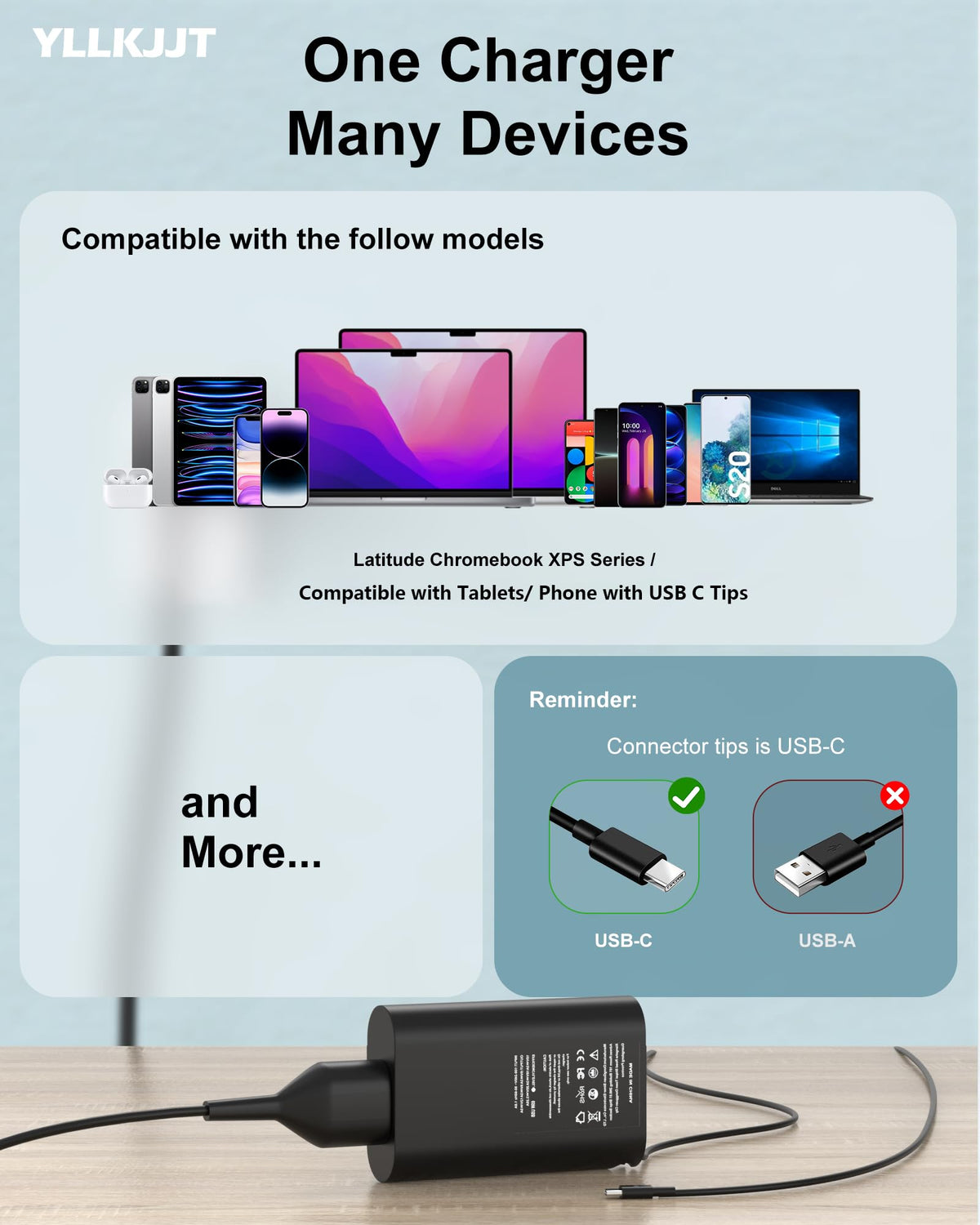 YLLKJJT 65W USB-C power adapter packaged with box for easy setup.
