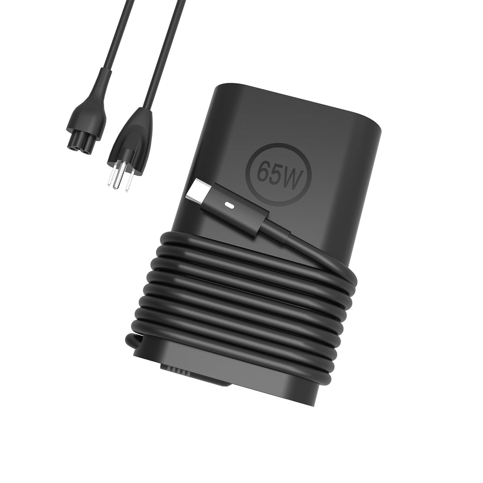 YLLKJJT 65W USB-C charger close-up for Dell laptops highlighting compact design for travel
