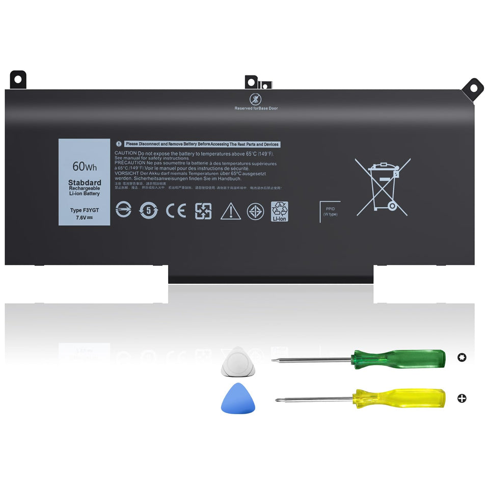 Ymawetia 60Wh F3YGT battery front view for Dell Latitude, ready for long sessions.