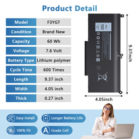 Ymawetia 60Wh F3YGT label highlights capacity and compatibility details for Dell models.