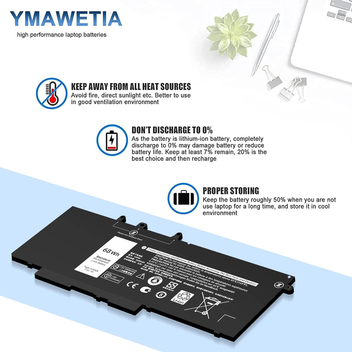 Ymawetia 68Wh GJKNX battery for Dell Latitude 5590 back view and vent design