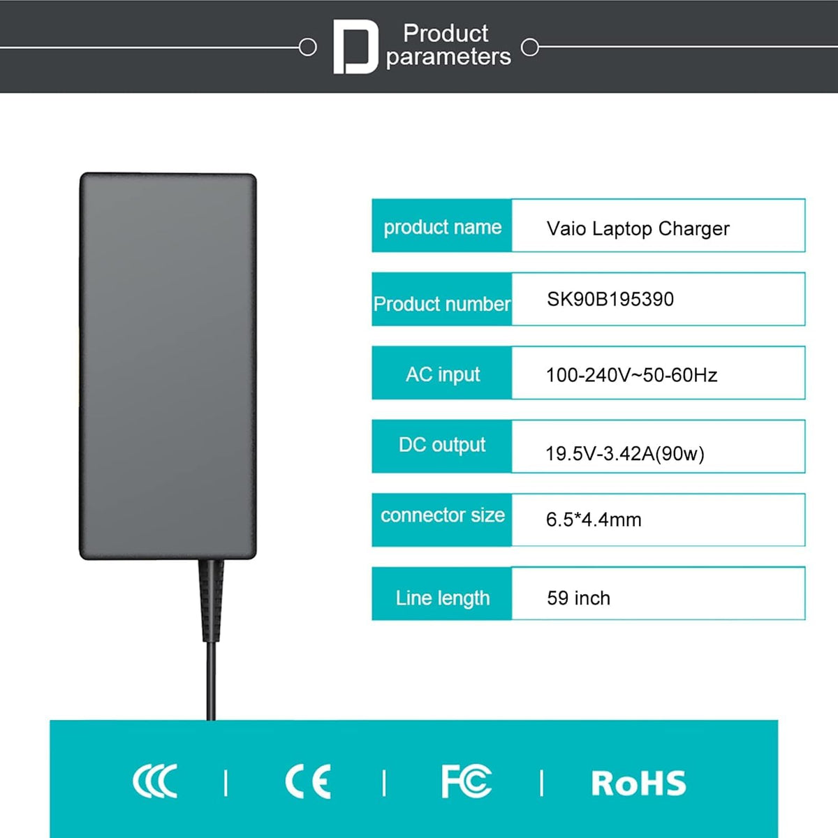Ymawetia 90W AC adapter label and ports for Vaio compatibility