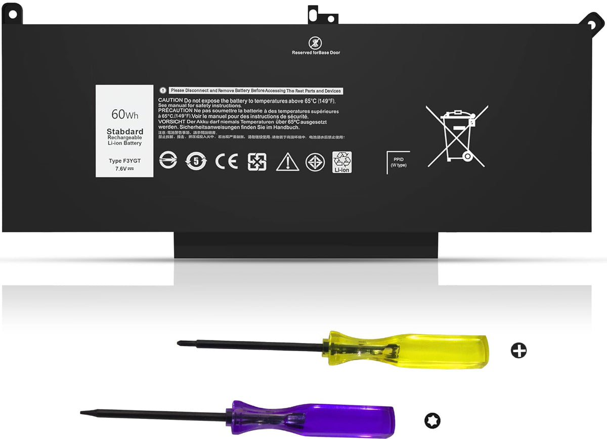 Ymawetia F3YGT battery front view, compact replacement for Dell Latitude