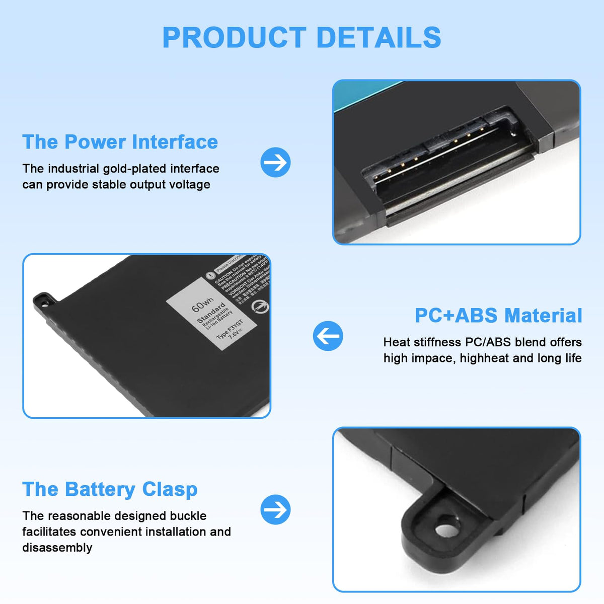 Ymawetia F3YGT battery side ports for easy Dell Latitude connection