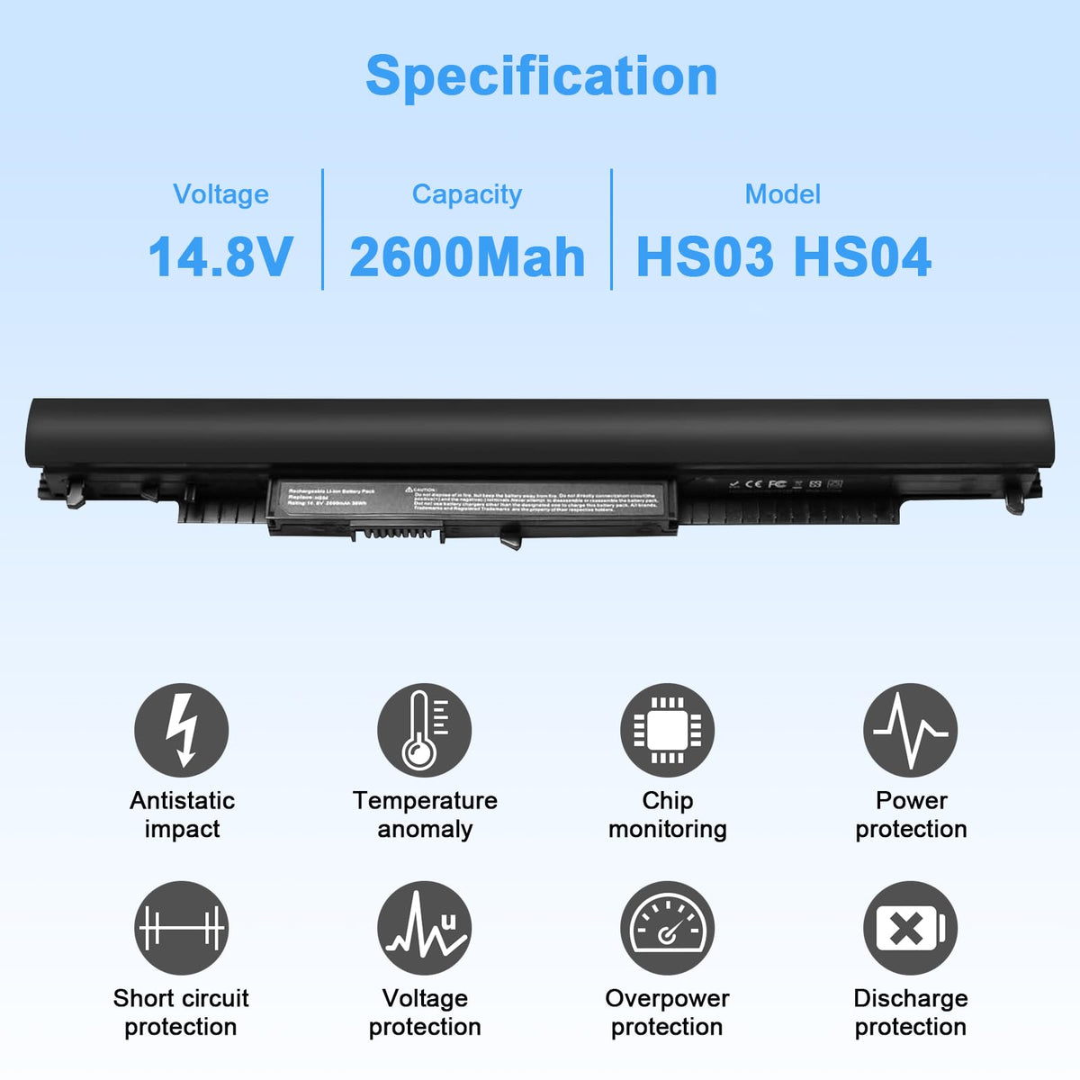 Ymawetia HS03/HS04 battery top view, compact 4-cell design for HP notebooks