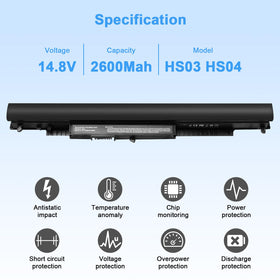 Ymawetia HS03/HS04 battery top view, compact 4-cell design for HP notebooks