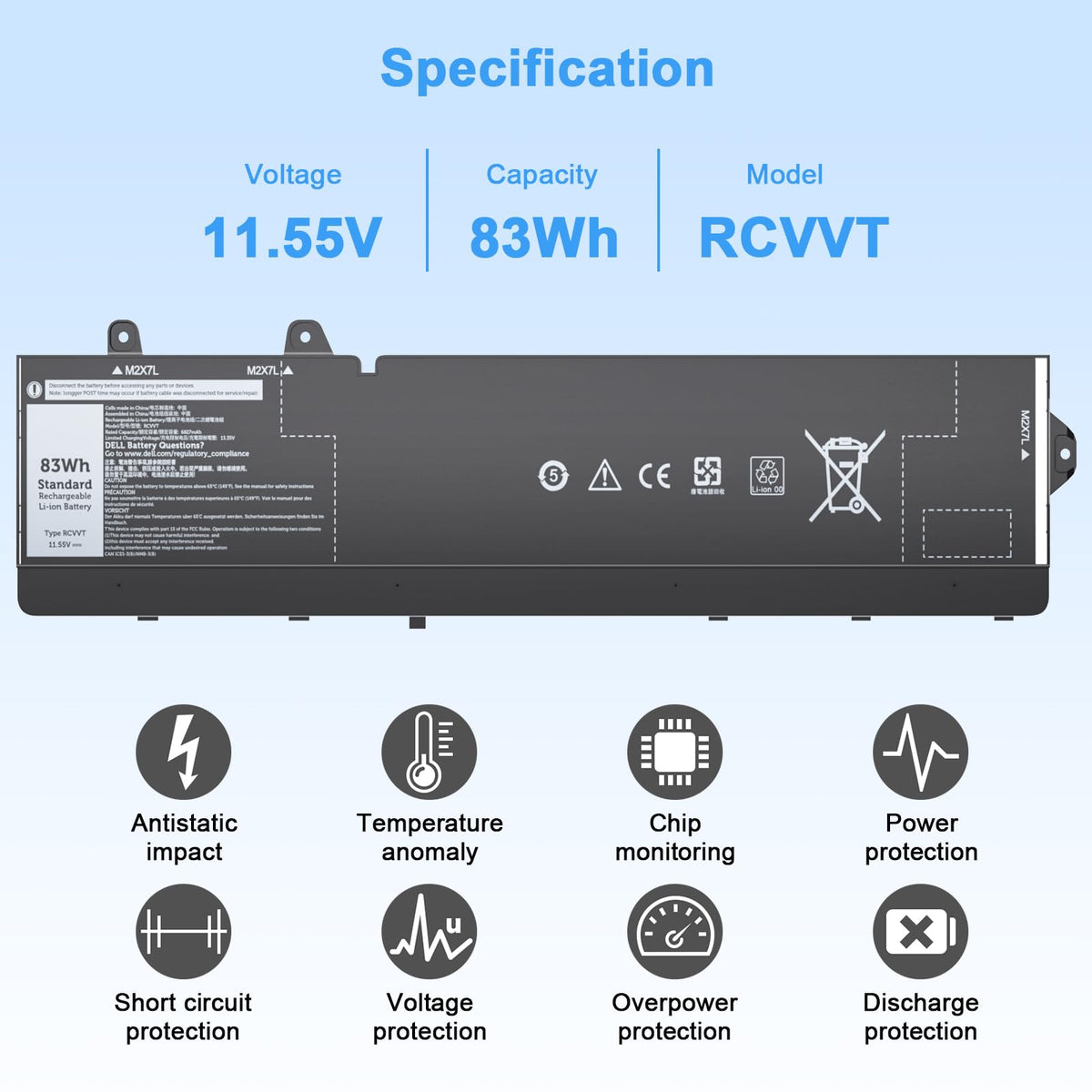 Ymawetia RCVVT battery top view highlights 83Wh capacity.
