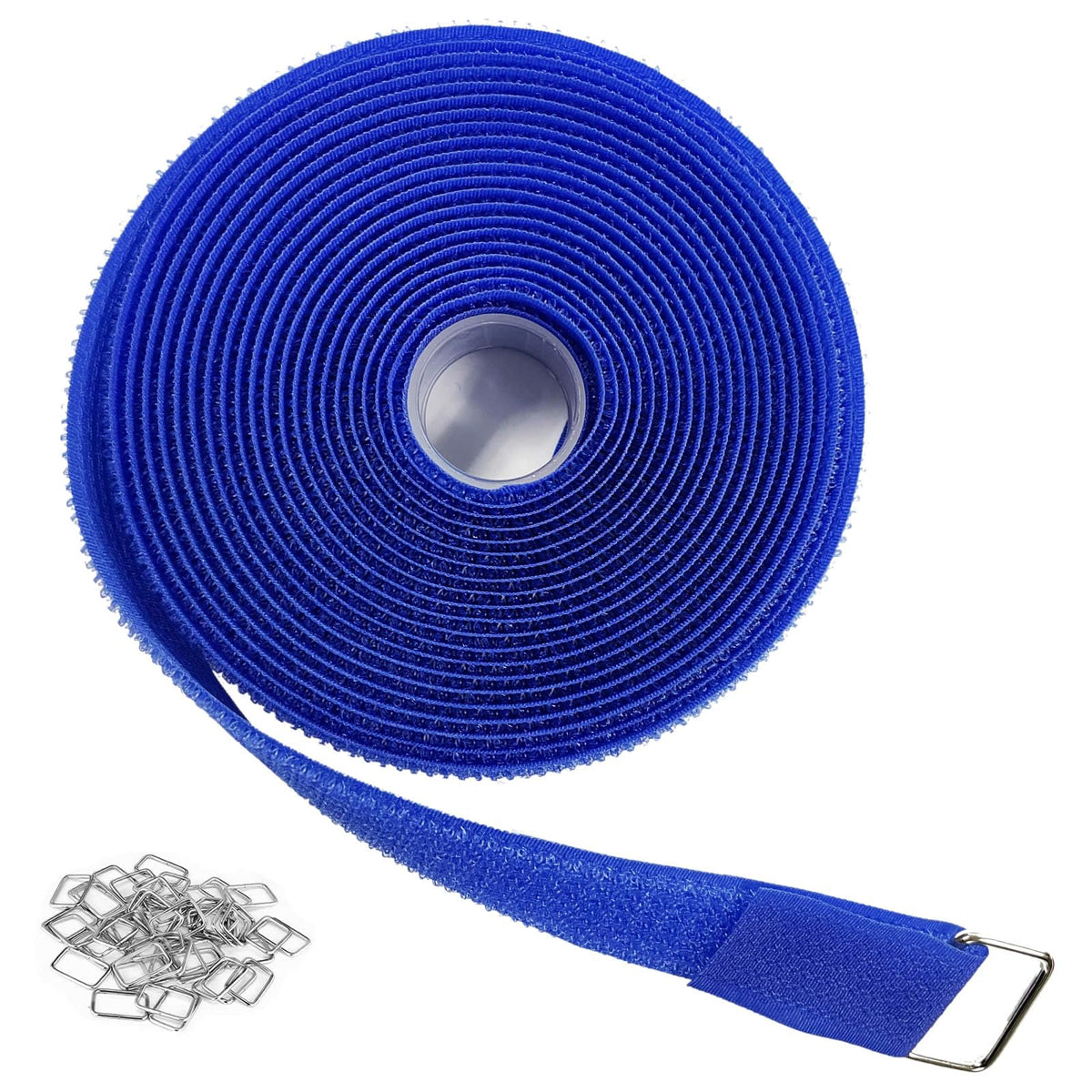 YMCRLUX blue hook-and-loop strap clearly showing 16ft length for versatile organization