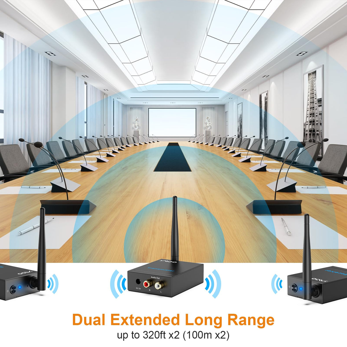 Diagram showing 320ft line-of-sight range for reliable wireless streaming