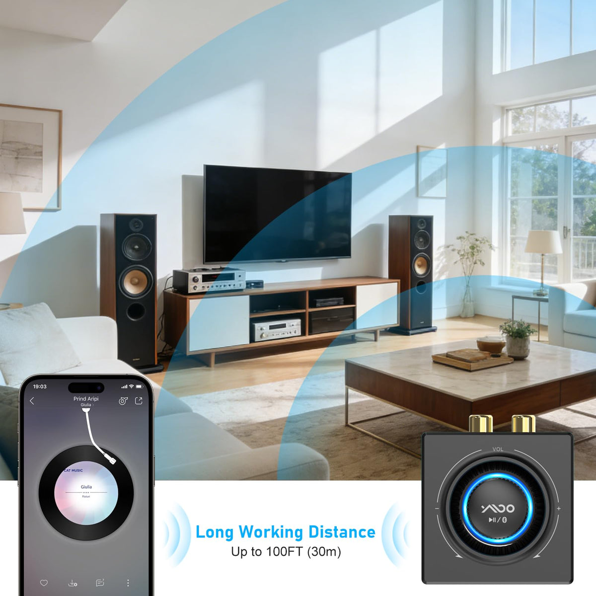 YMOO B06T3 connected to home stereo demonstrating wireless streaming convenience