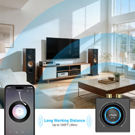 YMOO B06T3 connected to home stereo demonstrating wireless streaming convenience