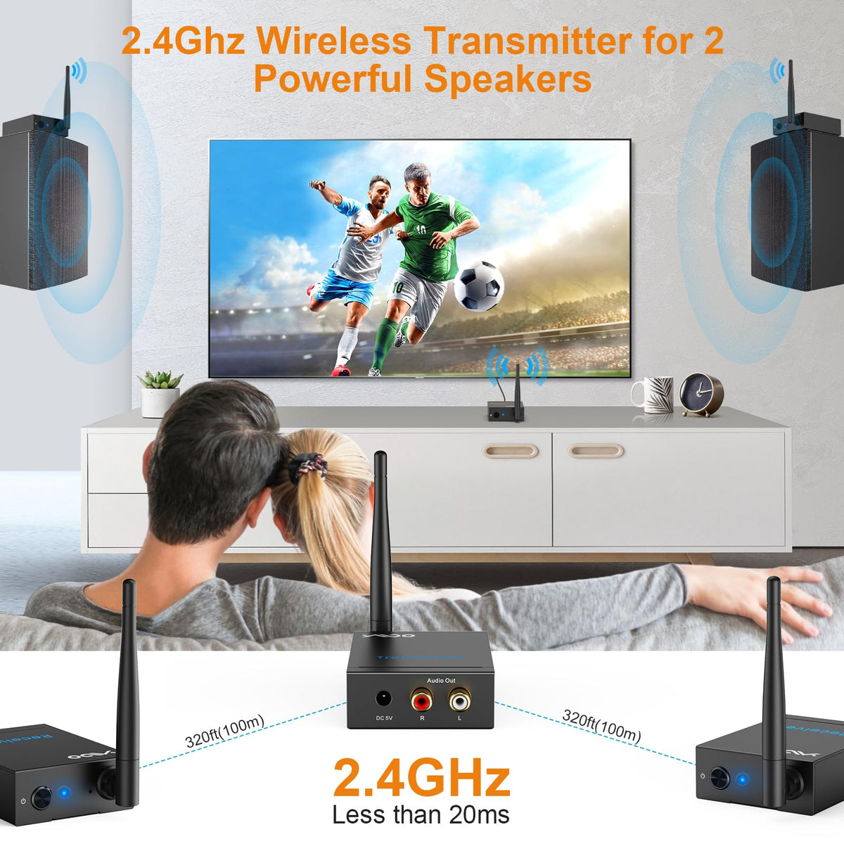 YMOO dual receivers placed near two speakers for seamless multi-room audio