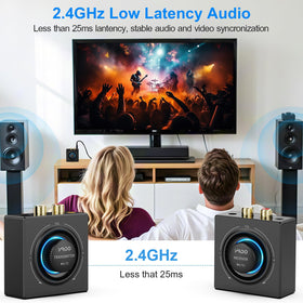YMOO in a living room streaming TV audio wirelessly showing clutter-free listening benefit
