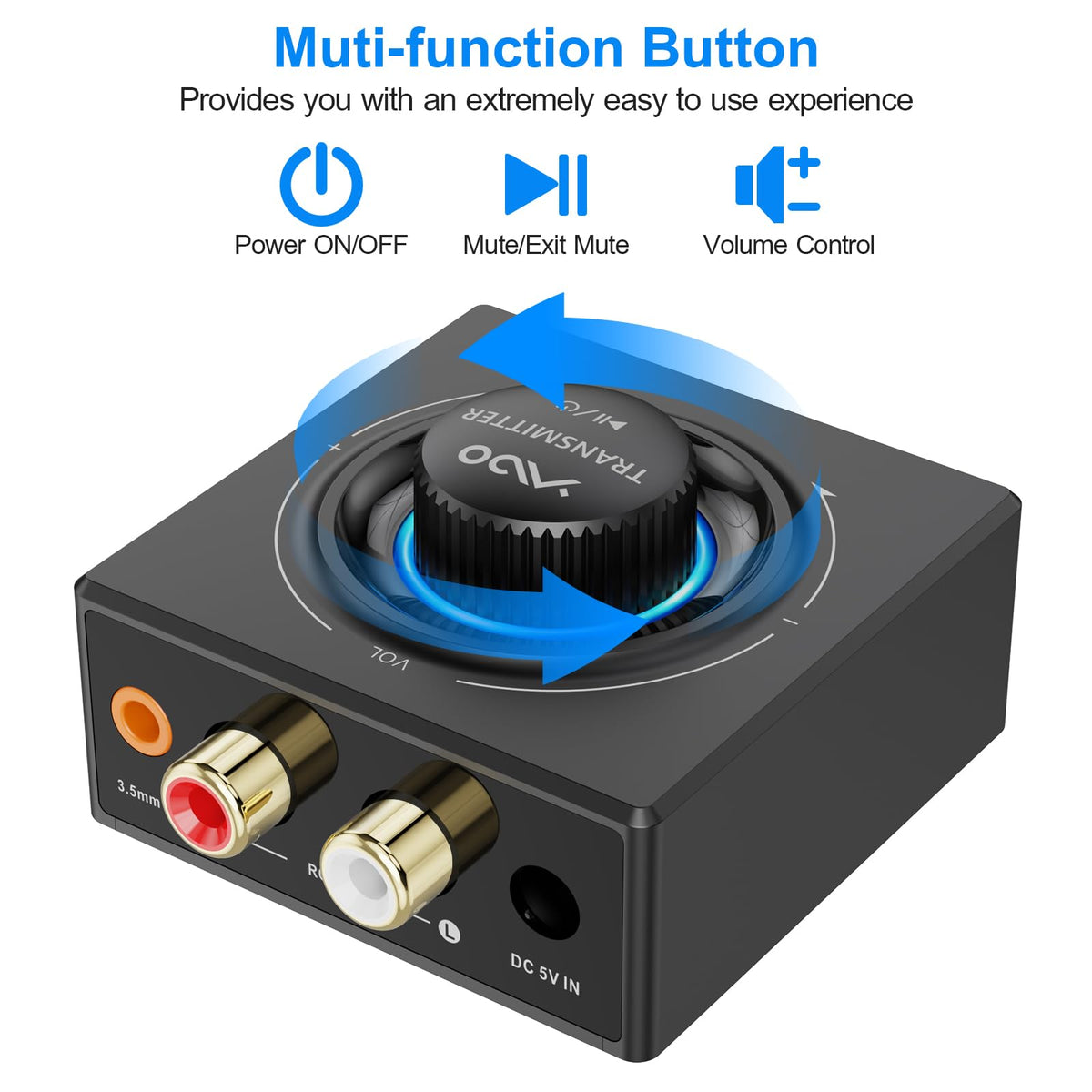 YMOO kit connected from TV to powered speaker demonstrating wireless audio convenience