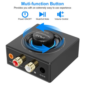 YMOO kit connected from TV to powered speaker demonstrating wireless audio convenience
