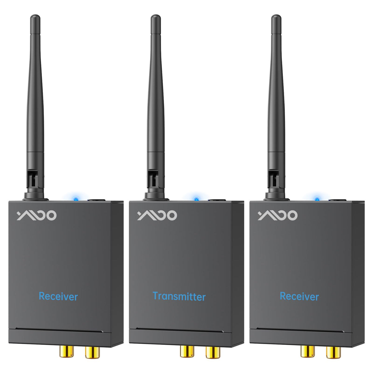 YMOO transmitter connected via RCA and 3.5mm for versatile TV audio