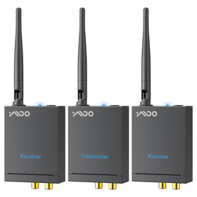 YMOO transmitter connected via RCA and 3.5mm for versatile TV audio