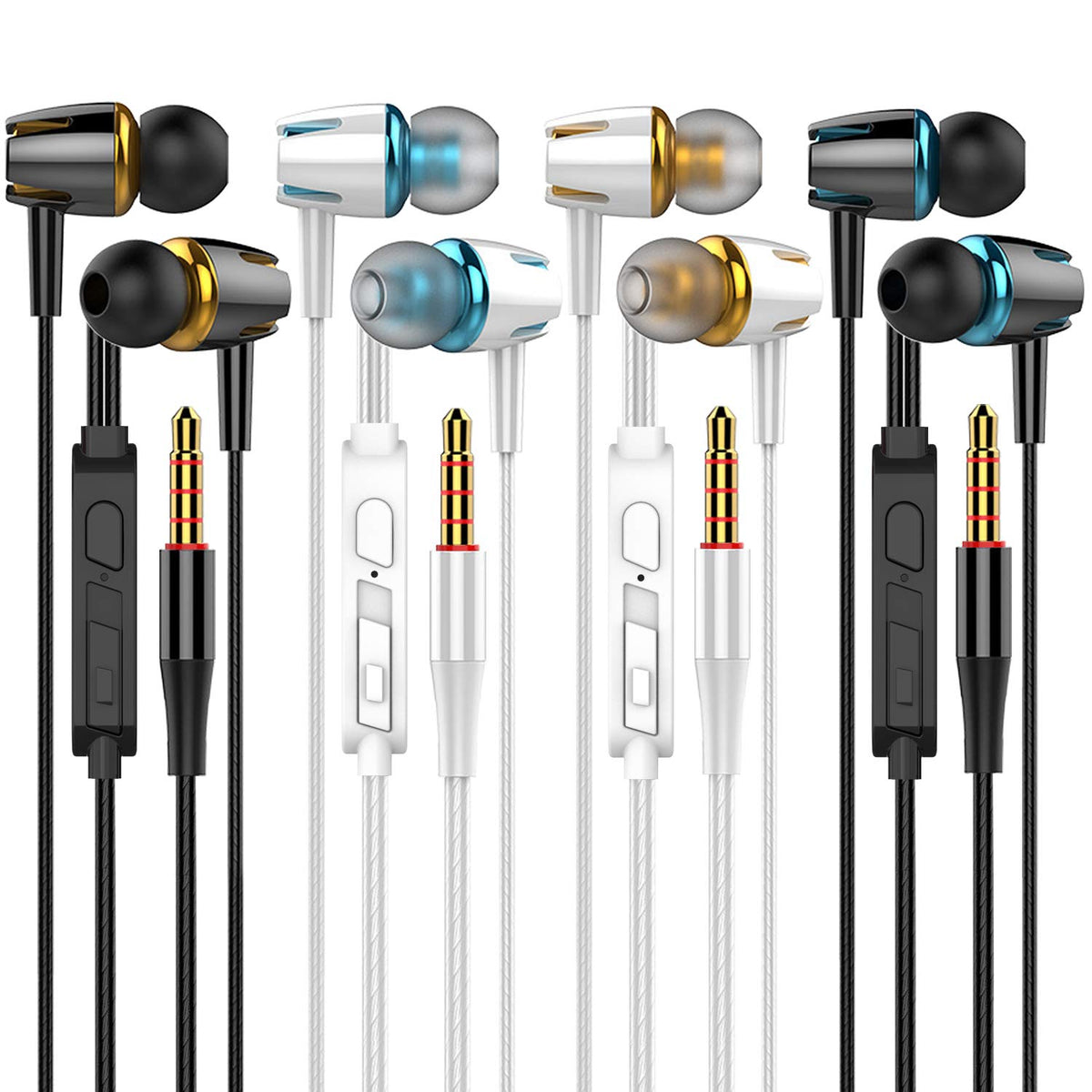 YNR four pack wired earbuds with microphone and volume control for clear calls.