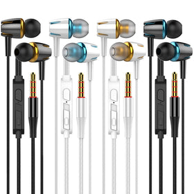 YNR four pack wired earbuds with microphone and volume control for clear calls.