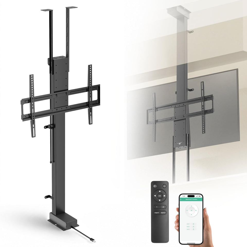 ynVISION.DESIGN motorized TV lift illustrating floor to ceiling installation for a clutter-free room