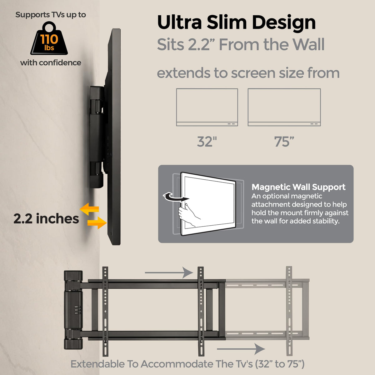 ynVISION.DESIGN TV bracket fits 32-75 inch TVs with broad VESA compatibility.