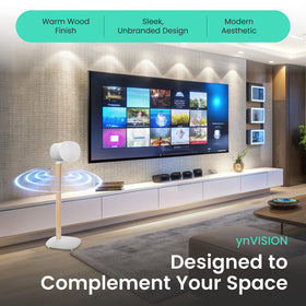 ynVISION.DESIGN universal wood-metal speaker stands cable channel keeps wires neatly concealed.