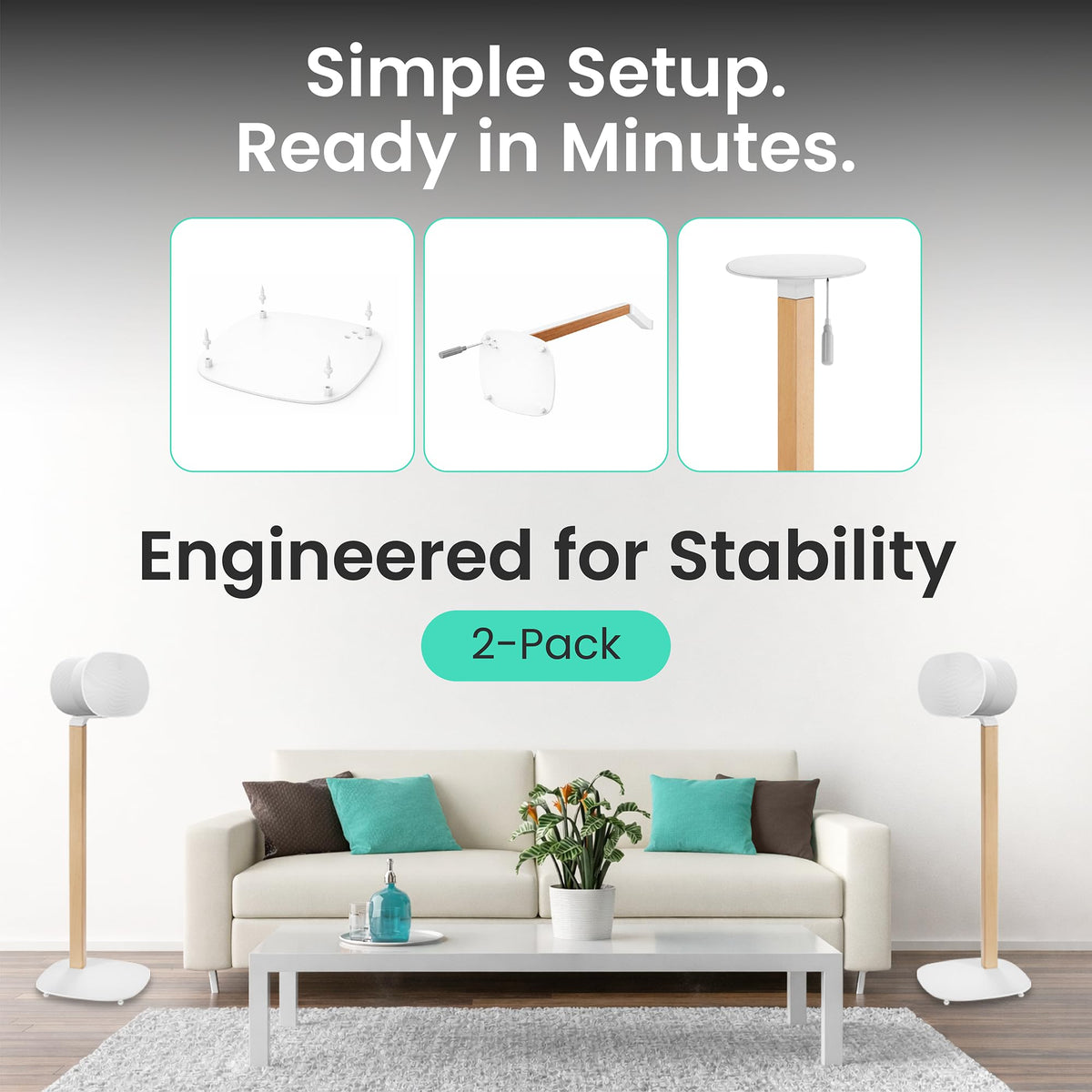 ynVISION.DESIGN universal wood-metal speaker stands include floor pads and optional spikes.