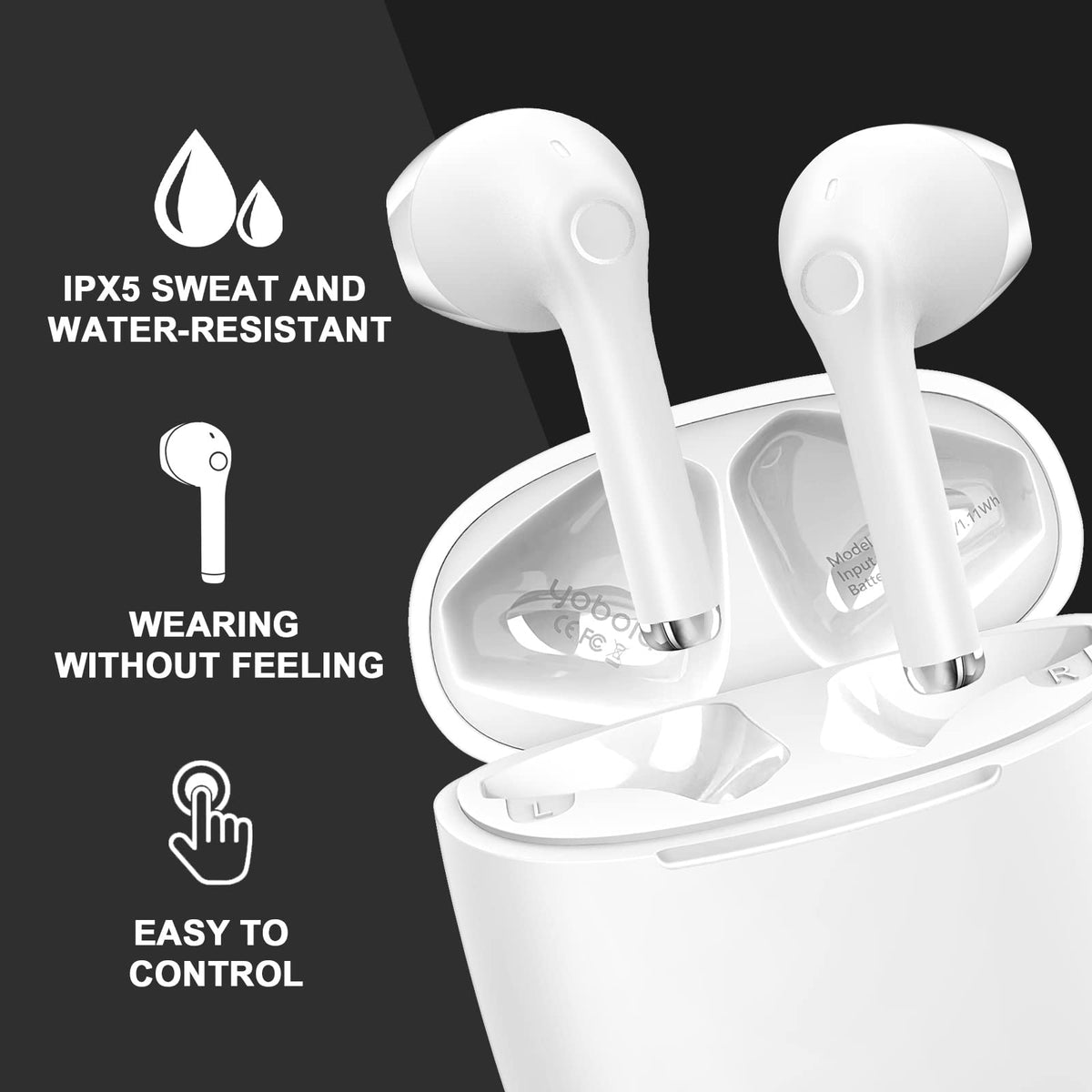Yobola wireless earbuds touch control for easy music and call management.