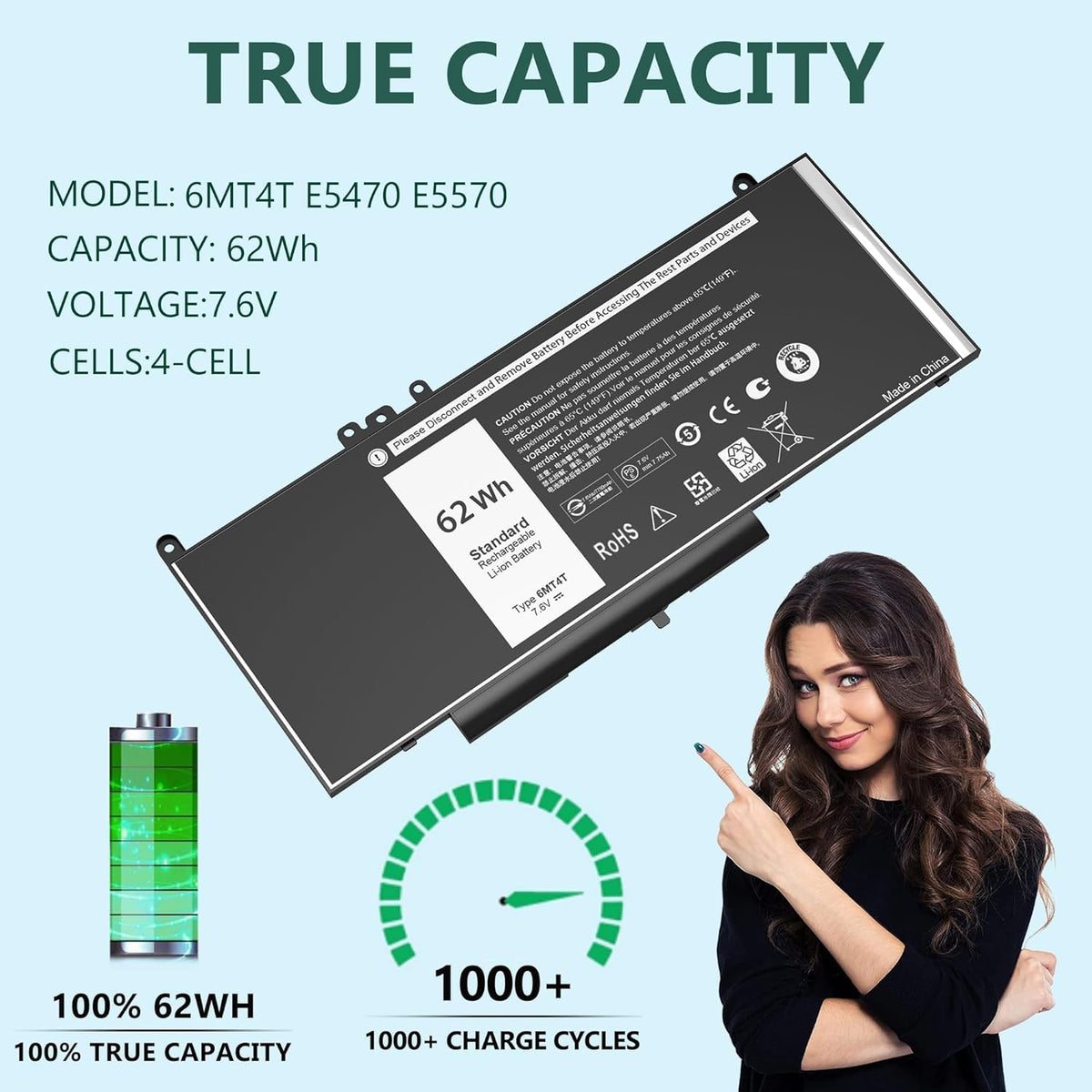 YOBVTBF 6MT4T battery exterior in black complements Dell laptops with a clean look