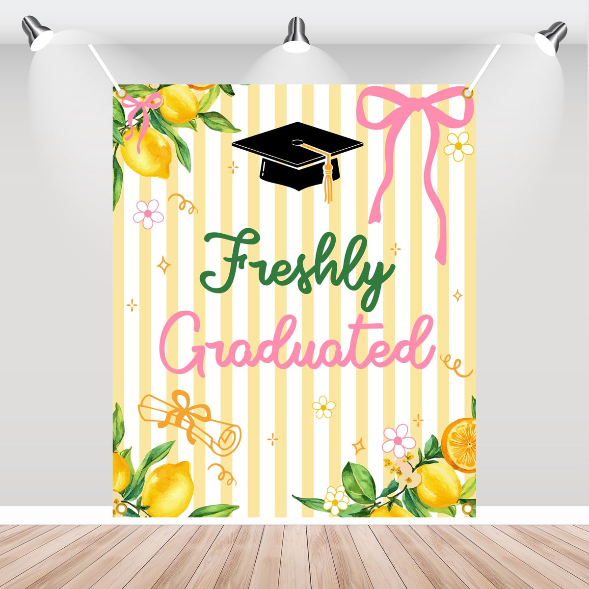 Yochamc Freshly Graduated Backdrop banner features a lemon motif for memorable photos