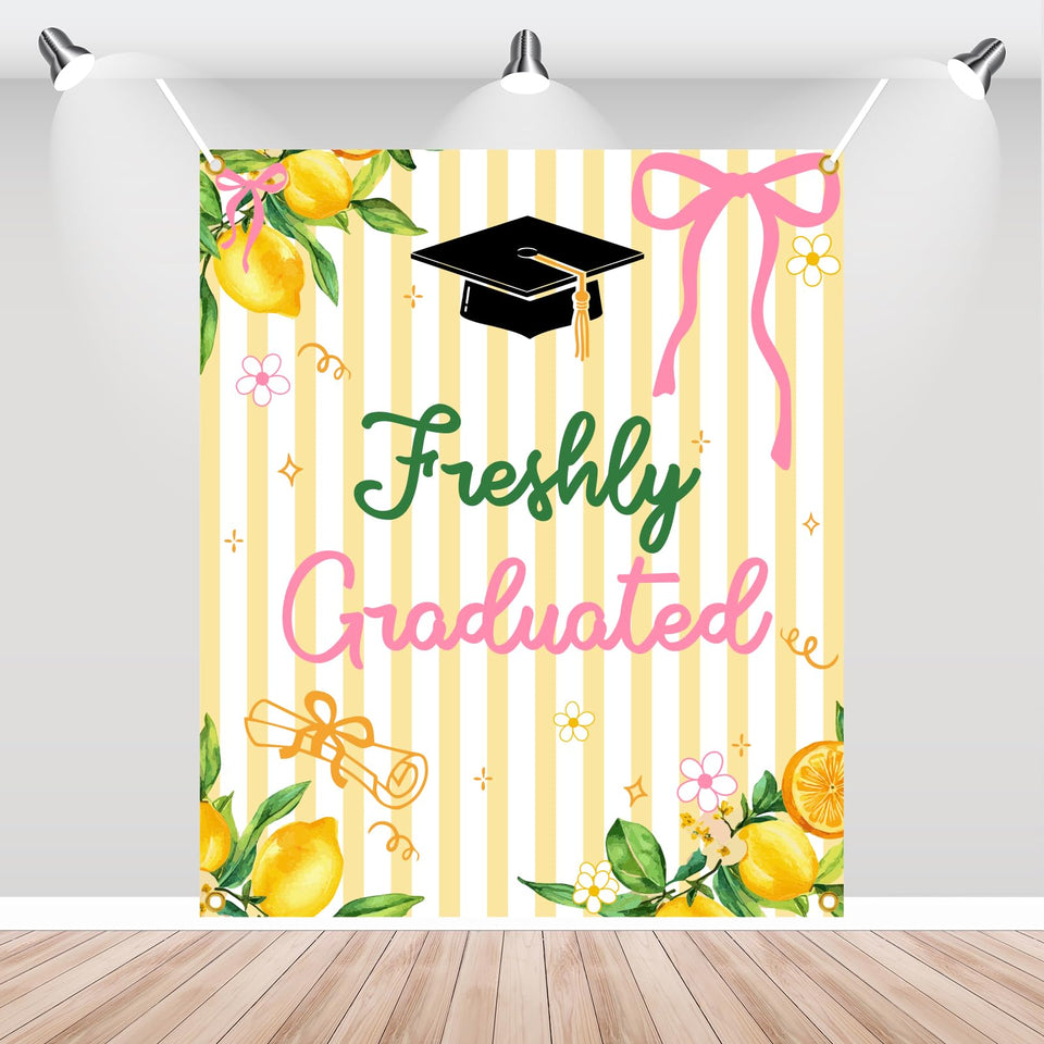Yochamc Freshly Graduated Backdrop banner features a lemon motif for memorable photos