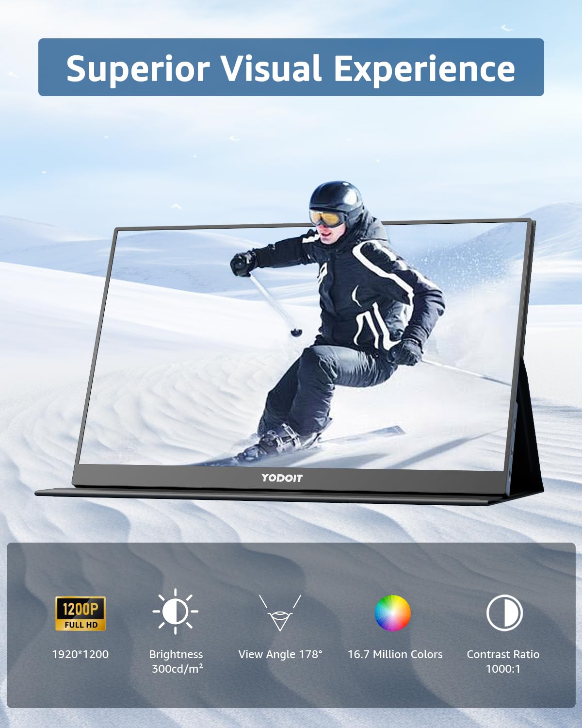 Yodoit portable monitor dual speakers provide built-in audio on the move.