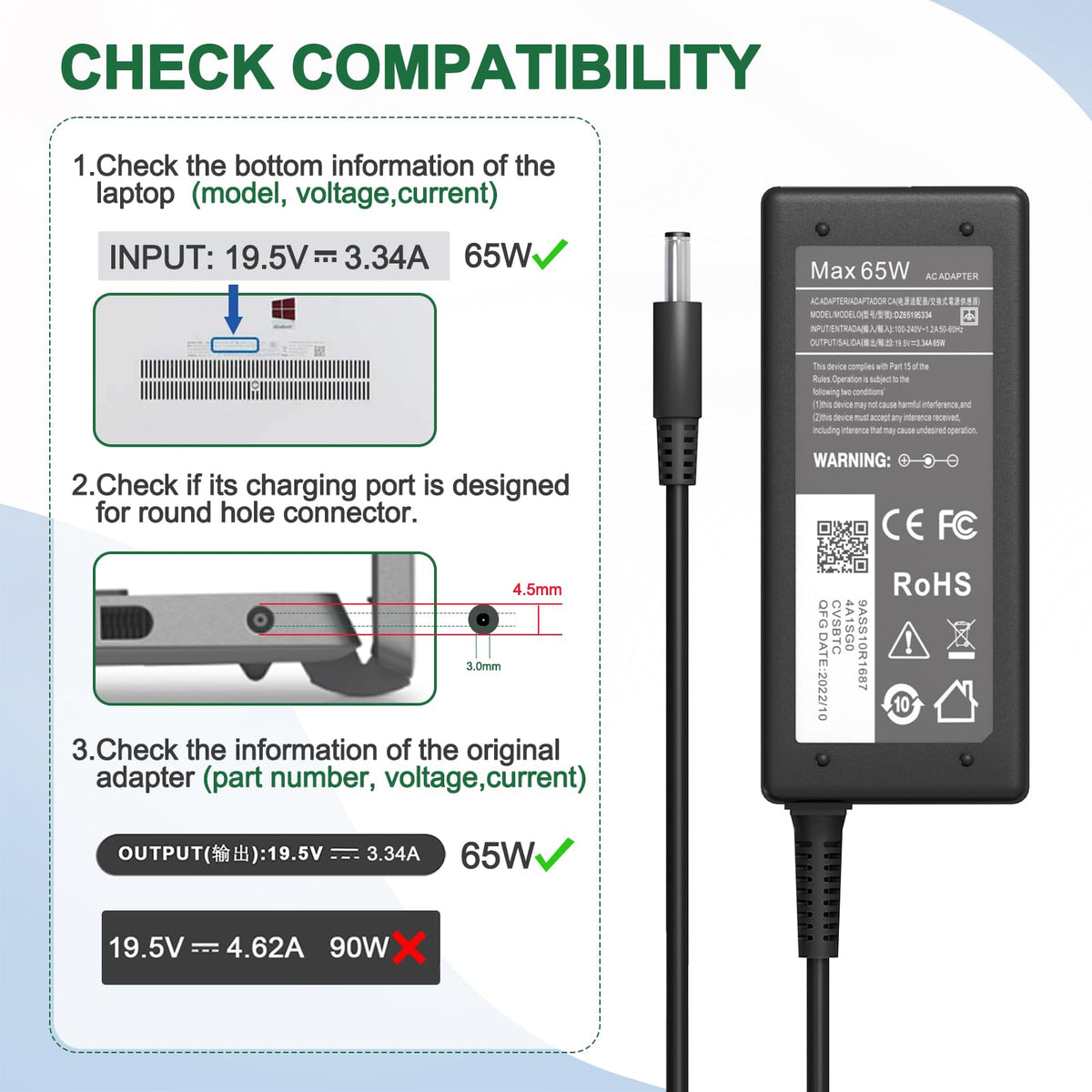 Yodzgaco charger specs printed noting universal input range for travel