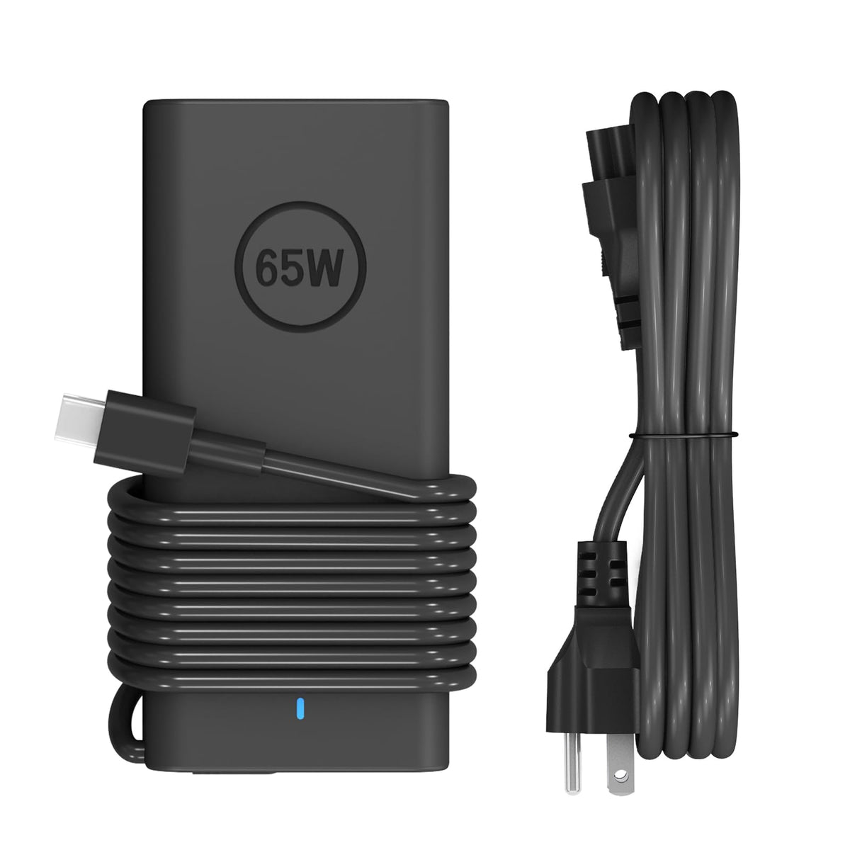 Yodzgaco 65W USB-C laptop charger front view powering compatible Dell devices