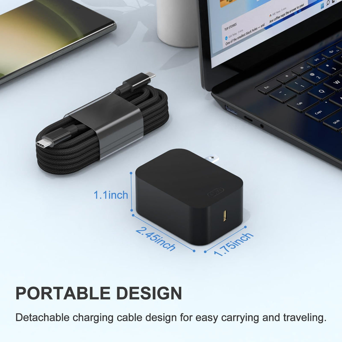 Yodzgaco USB-C charger highlighting safety protections during charging.