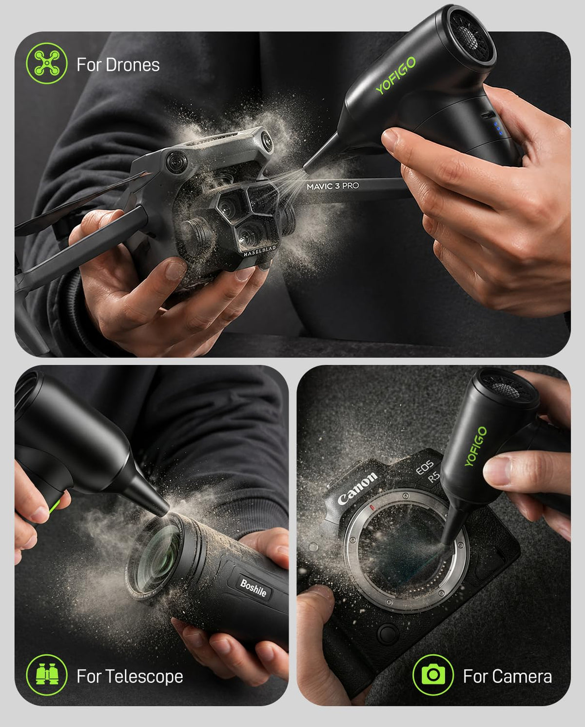 YOFIGO air duster handheld use highlights ergonomic grip for precise cleaning.