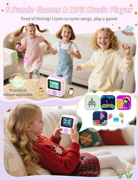 YOHOOLYO Kids Camera Instant Print purple bundle, includes paper, card, and accessories.