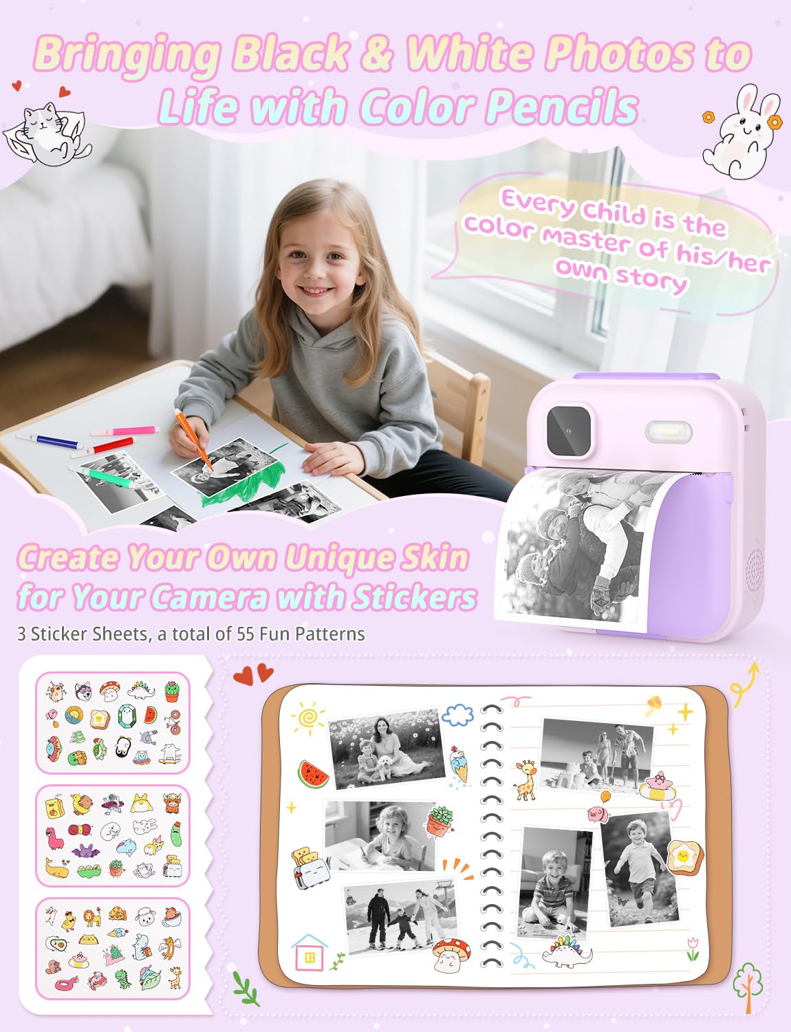 YOHOOLYO Kids Camera Instant Print purple on-the-go use with lanyard for safety.