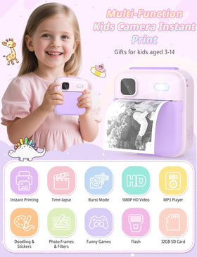 YOHOOLYO Kids Camera Instant Print purple side view, compact for travel and play.